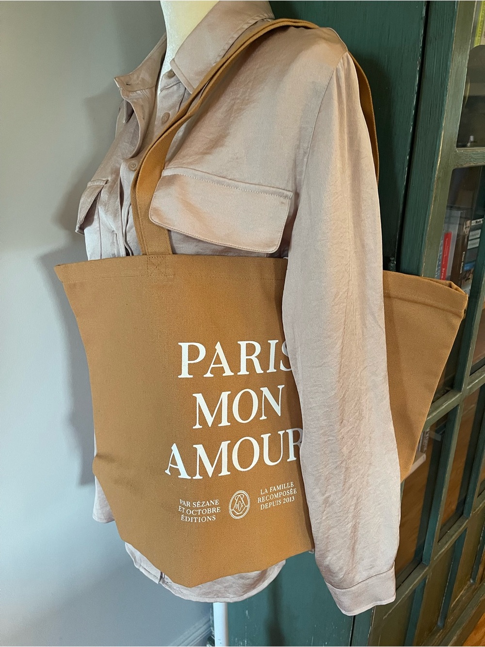 Sezane Tan Canvas Tote with White 'Paris Mon Amour' Print